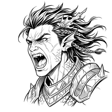 Hand drawn sketch of roaring warrior male mermaid portrait three quarter view isolated. Black line art merman illustration.