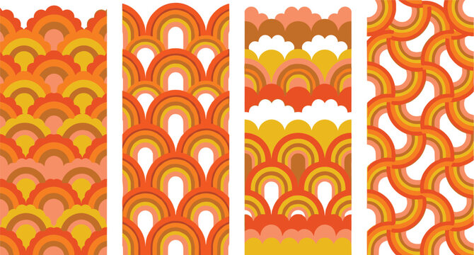 Retro 1970s style seamless pattern set featuring orange, yellow, and brown rainbow arches and scalloped wave geometric