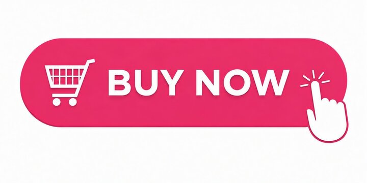 Bright pink buy now shopping button with cart icon and finger tap