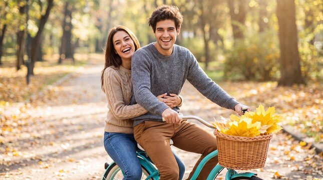 Young couple enjoying a bicycle ride in an autumn park, surrounded by colorful leaves and warm sunlight filtering through trees