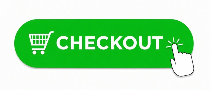 Green checkout button with shopping cart icon and finger tap action