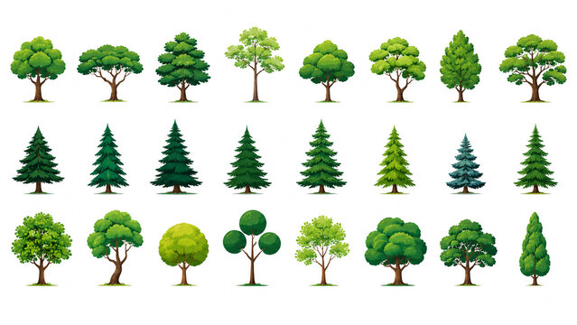Set of green tree icons and plant symbols isolated on white background.