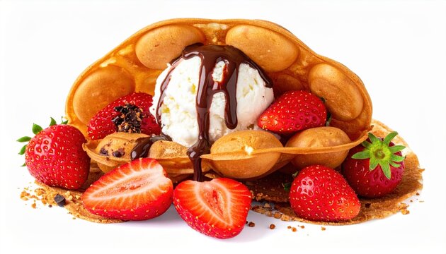 Hong Kong bubble waffle with ice cream, chocolate and strawberries, isolated on white