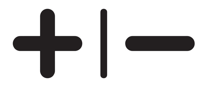 A set of black featuring a plus sign, a vertical line, and a minus sign, isolated on a white background, for user interface, and web navigation