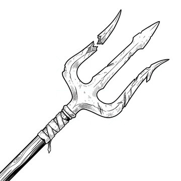 Hand drawn sketch of broken damaged trident weapon isolated on white background. Black line art illustration.