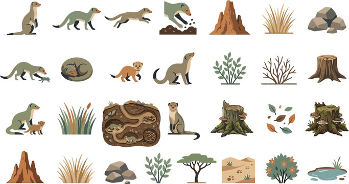 Set of mongoose animal icons and savannah landscape elements in a modern flat vector illustration style for design