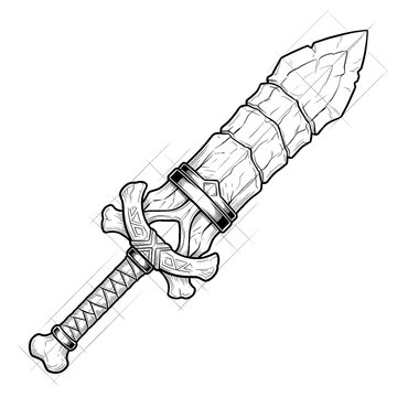 Hand drawn sketch of heavy bone broadsword weapon isolated on white background. Black line art illustration.