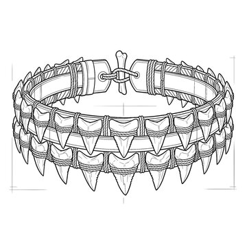 Hand drawn sketch of warrior belt with shark teeth isolated on white background. Black line art illustration.