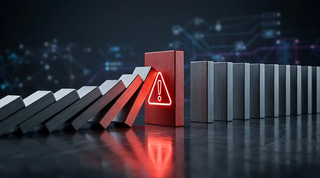 Glowing red warning block stopping falling dominoes representing digital risk management and crisis prevention