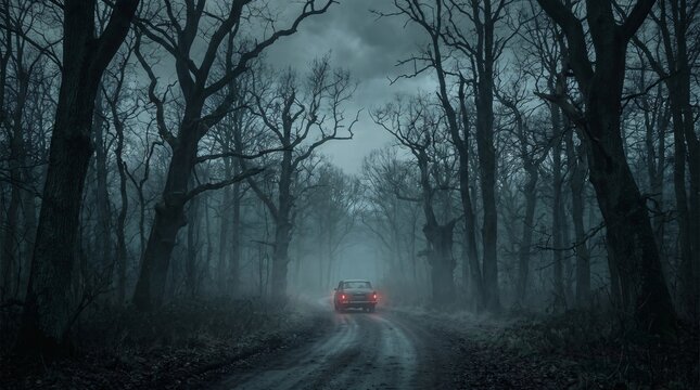 A vintage car driving down a dark mysterious forest road during a thick foggy evening