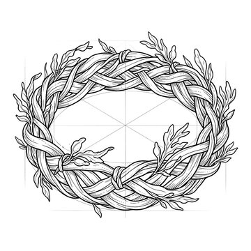 Hand drawn sketch of simple seaweed wreath crown isolated on white background. Black line art illustration.