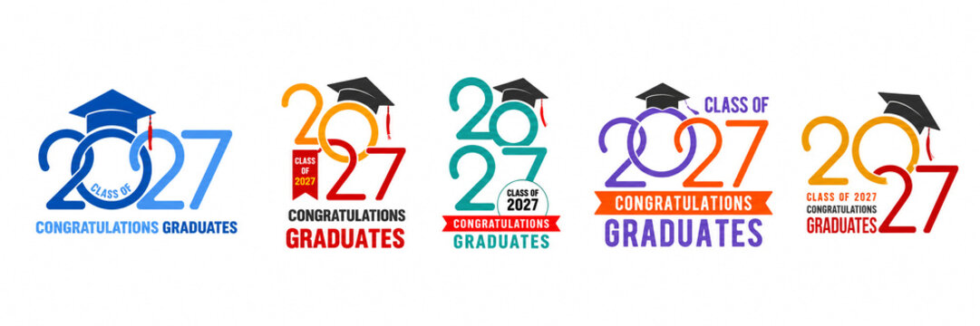 Set of class of 2027 graduation typography logos with mortarboard caps.