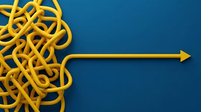 Tangled yellow cable transforming into straight arrow pointing right representing problem solving and process simplification