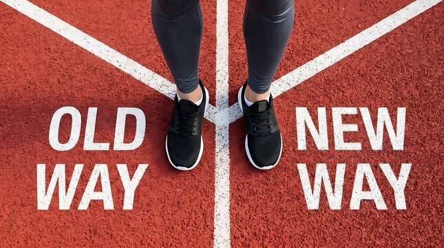 Runner standing at track intersection choosing between old way and new way representing personal change and strategic decision