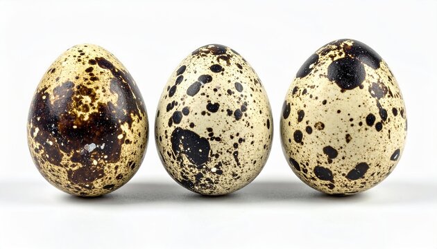 Three quail eggs isolated on white background, natural shell texture, studio lighting