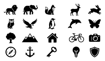 Obraz premium Black Animal and Object Silhouette Icon Set Minimal Vector Collection on White Background