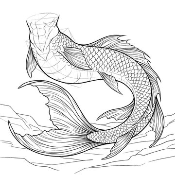 Hand drawn sketch of koi fish merman tail resting gracefully isolated. Black line art illustration.