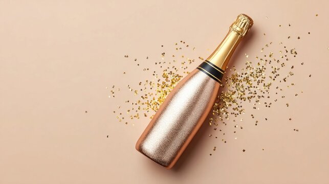 Elegant champagne bottle with gold glitter on a soft beige background