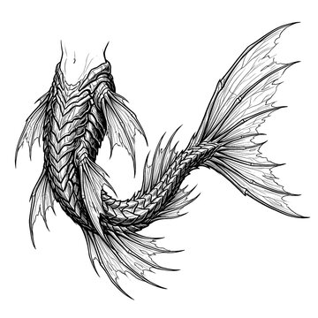 Hand drawn sketch of abyssal leviathan merman tail strange fins isolated. Black line art illustration.