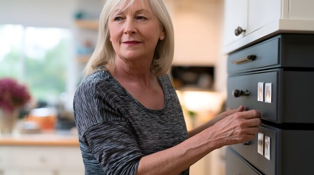 A senior woman is placing small picture magnets on dark kitchen drawers while looking toward the
