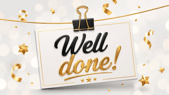 Well done hanging card with golden confetti, stars, and clip decoration.