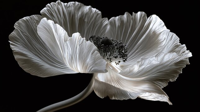 Sublime White Anemone Macro on Black with Delicate Petal Detail and Dark Center, Revealing Intricate Textures in a Studio Setting for Elegant Botanical Art