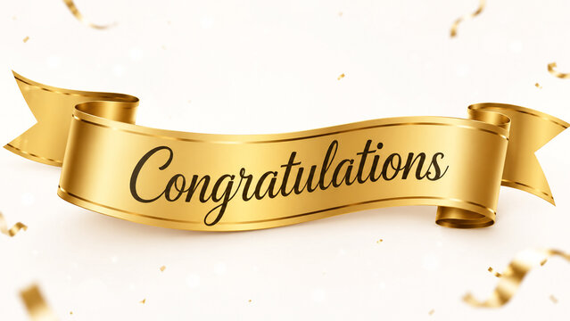 Elegant congratulations typography banner with golden stars and confetti on white background.