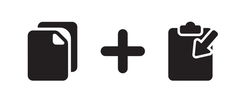 Set of black flat showing multiple documents with a plus sign and a clipboard with a document import arrow symbol on a white background