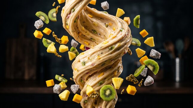 Creamy Tropical Fruit Dough Swirling in Dynamic Motion with Fresh Kiwi Mango and Pineapple Pieces for Culinary Art