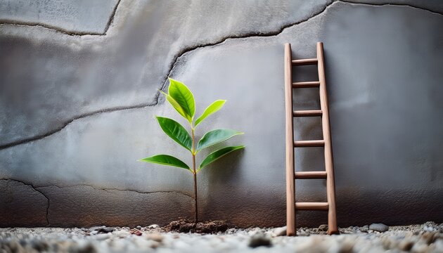 small green plant sprouting from a crack in gray concrete beside a wooden ladder symbolizing resilience growth and aspiration against adversity