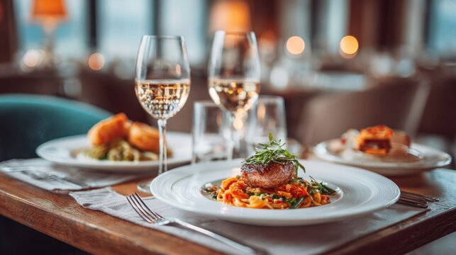 Fine dining restaurant setting with delectable food
