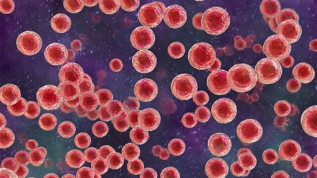 Streptococcus pyogenes bacterium, 3D animation showing spherical Gram-positive cocci arranged in chains, representing characteristic group A streptococcal morphology.