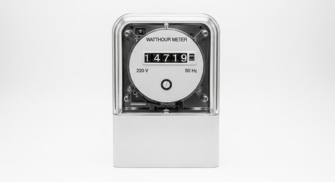 Electric Watthour Meter Isolated on White Background for Energy Consumption Monitoring and Utility Billing Concepts