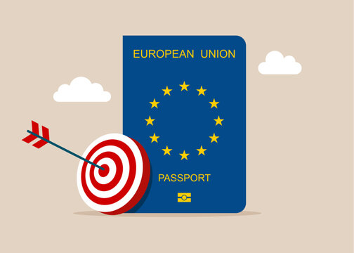 Passport European Union with target with arrow. Strong passport EU. Luck for success, blessing for work opportunity, chance, happiness. Flat vector illustration