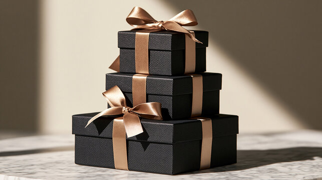 A clean, minimalist visual of stacked gift boxes for a holiday special promotion. A vertical stack of three textured black gift boxes tied with metallic gold ribbons, resting on a