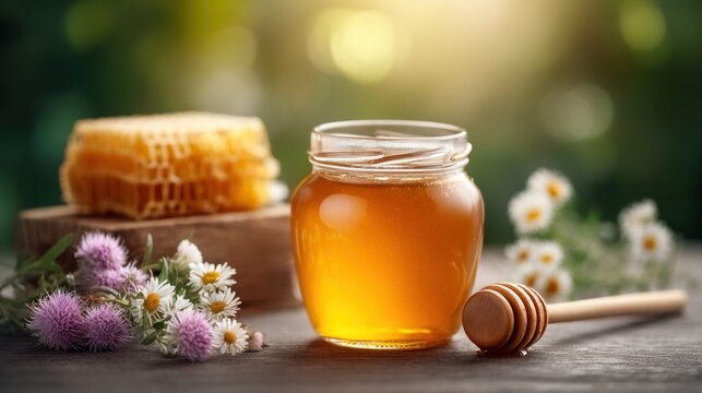 Sweet golden honey with honeycomb and delicate wildflowers