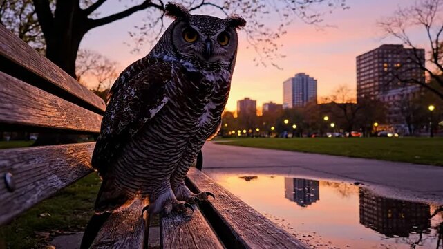 Horned owl perched on park bench at sunset with city skyline background, urban wildlife nature scene in twilight