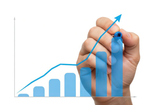 A person drawing a blue upward trending bar chart on a clear glass surface isolated