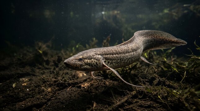 West African lungfish Protopterus annectens swimming underwater in natural habitat.