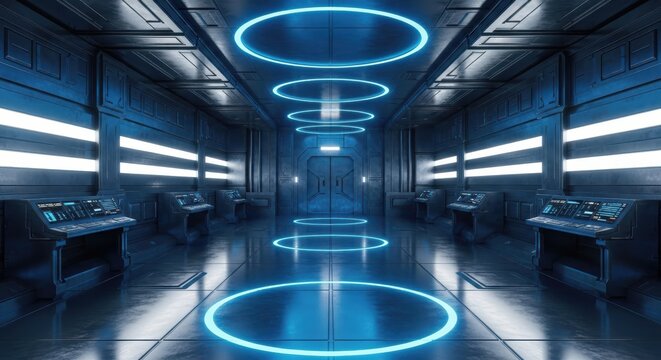 Futuristic Sci-Fi Spaceship Corridor with Blue Neon Lights and Control Panels Interior Design