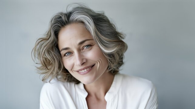 Face portrait of happy mature senior woman leaning head with wavy grey hair smiling warmly in white blouse, shirt againt neutral studio background
