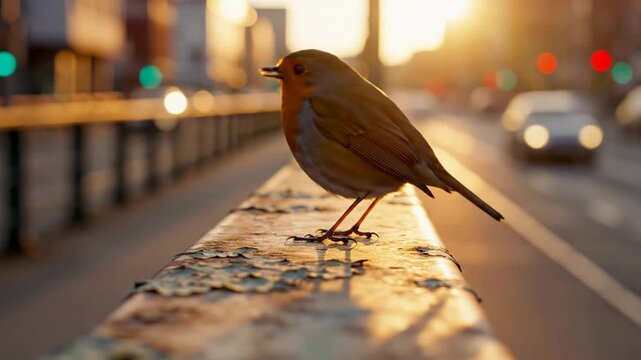 European robin bird perched on urban bridge railing at golden hour with cinematic bokeh city traffic background