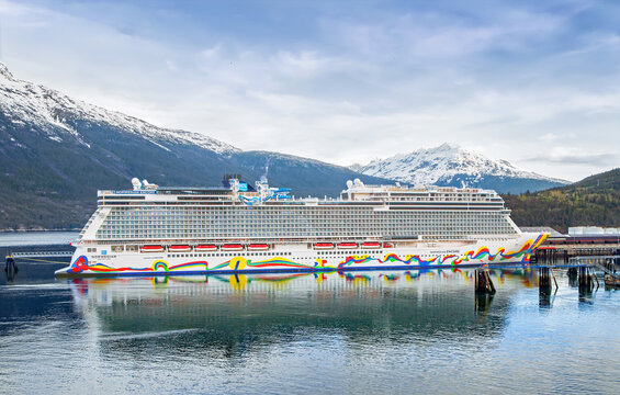 Skagway, Alaska USA - May 13, 2026: Cruise ships Norwegian Encore docked in the port a sunny day. The Skagway port is a popular Alaska cruise destination