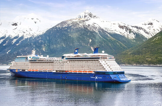 Skagway, Alaska USA - May 13, 2026: Cruise ships Celebrity Solstice sailing from port a sunny day. The Skagway port is a popular Alaska cruise destination