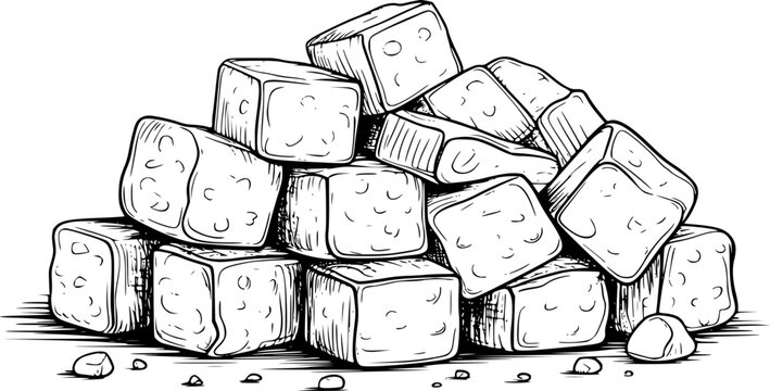 Un dibujo a mano de una pila de terrones de az&uacute;car aislado sobre un fondo blanco, l&iacute;nea blanca y negra