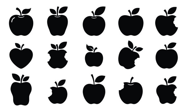 A collection of black apple silhouettes with various shapes and bite marks isolated on a white background