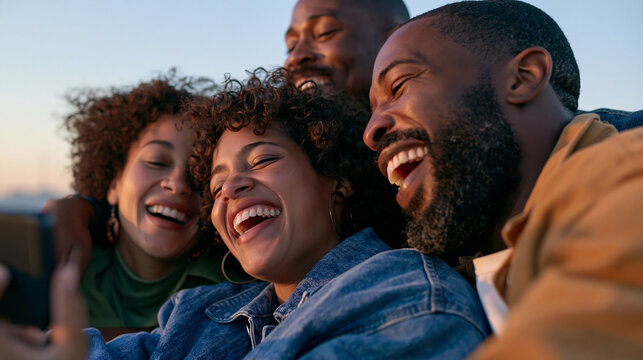 Documentary style photography of human connection and collective joy. A diverse group of four young travelers and locals huddled together and laughing uncontrollably while looking