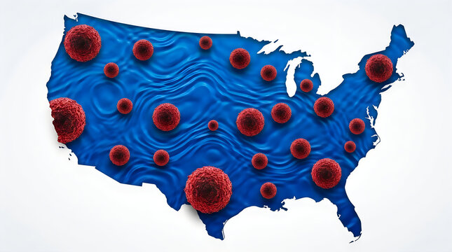Map of the united states of america with red virus cells spread across the country showing a health crisis and disease outbreak