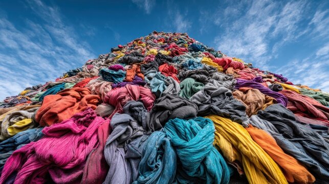 Colorful textile mound against a dramatic blue sky