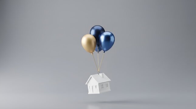 A miniature white house model floating in the air suspended by gold and blue metallic balloons against a plain grey background.
